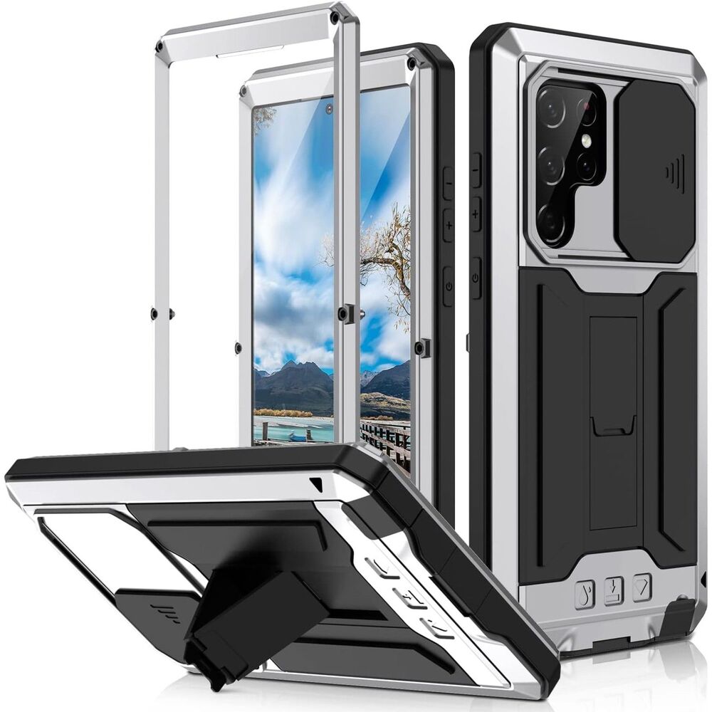 Rugged Metal Case for Samsung Galaxy S22 Ultra Heavy Duty Shockproof Silver